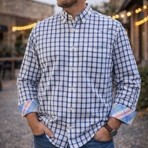 Tailorbyrd Men's Plaid Shirt Large L Slim Fit Button Down Casual White Blue